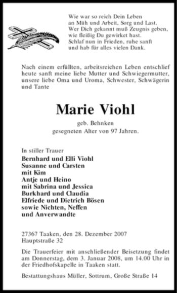 Traueranzeige von Marie Viohl von KREISZEITUNG SYKE