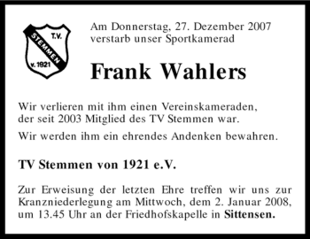 Traueranzeige von Frank Wahlers von KREISZEITUNG SYKE