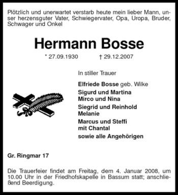 Traueranzeige von Hermann Bosse von KREISZEITUNG SYKE