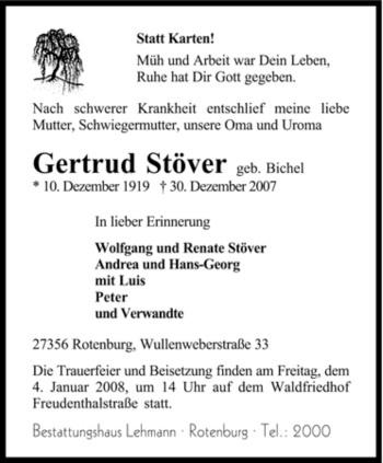 Traueranzeige von Gertrud Stöver von KREISZEITUNG SYKE