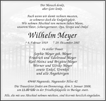 Traueranzeige von Wilhelm Meyer von KREISZEITUNG SYKE