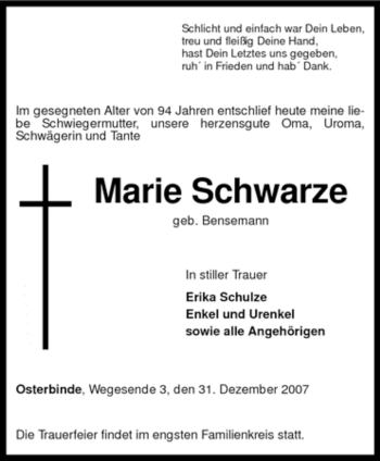 Traueranzeige von Marie Schwarze von KREISZEITUNG SYKE