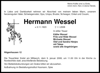 Traueranzeige von Hermann Wessel von KREISZEITUNG SYKE