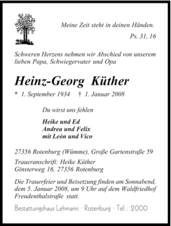 Traueranzeige von Heinz-Georg Küther von KREISZEITUNG SYKE