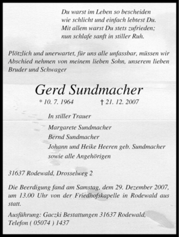 Traueranzeige von Gerd Sundmacher von KREISZEITUNG SYKE