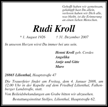 Traueranzeige von Rudi Kroll von KREISZEITUNG SYKE