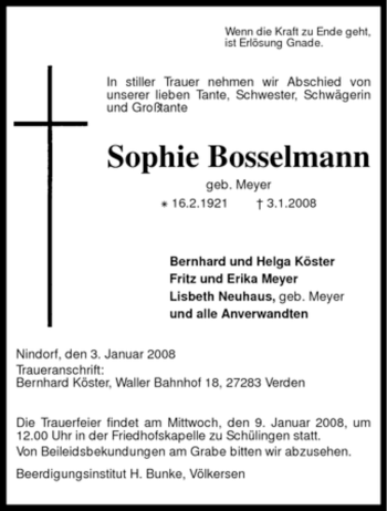 Traueranzeige von Sophie Bosselmann von KREISZEITUNG SYKE