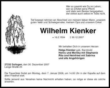 Traueranzeige von Wilhelm Kienker von KREISZEITUNG SYKE