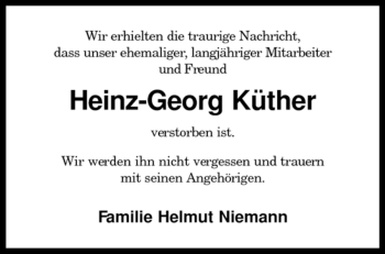 Traueranzeige von Heinz-Georg Küther von KREISZEITUNG SYKE