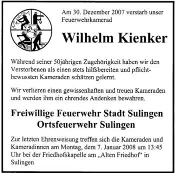 Traueranzeige von Wilhelm Kienker von KREISZEITUNG SYKE