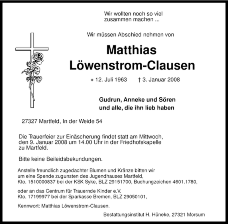  Traueranzeige für Matthias Löwenstrom-Clausen vom 05.01.2008 aus KREISZEITUNG SYKE