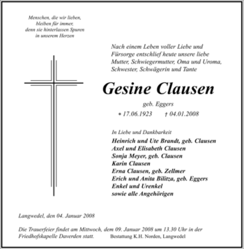 Traueranzeige von Gesine Clausen von KREISZEITUNG SYKE