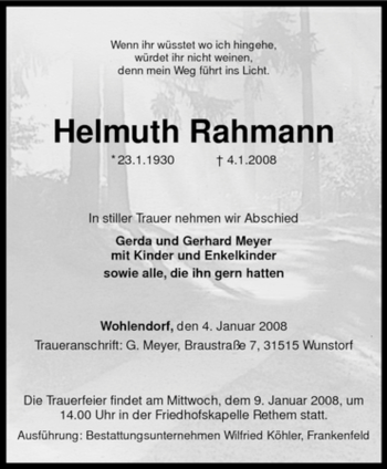 Traueranzeige von Helmuth Rahmann von KREISZEITUNG SYKE