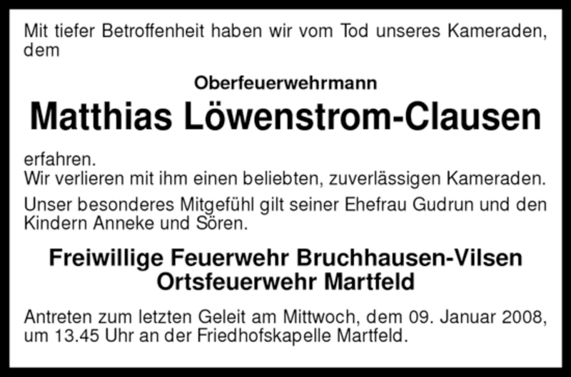  Traueranzeige für Matthias Löwenstrom-Clausen vom 07.01.2008 aus KREISZEITUNG SYKE