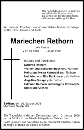 Traueranzeige von Mariechen Rethorn von KREISZEITUNG SYKE