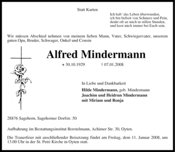 Traueranzeige von Alfred Mindermann von KREISZEITUNG SYKE