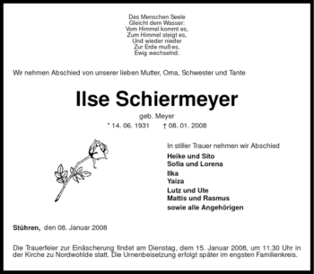 Traueranzeige von Ilse Schiermeyer von KREISZEITUNG SYKE