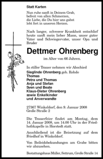 Traueranzeige von Dettmer Ohrenberg von KREISZEITUNG SYKE