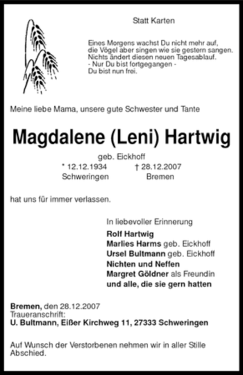 Traueranzeige von Magdalene Hartwig von KREISZEITUNG SYKE