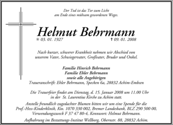 Traueranzeige von Helmut Behrmann von KREISZEITUNG SYKE