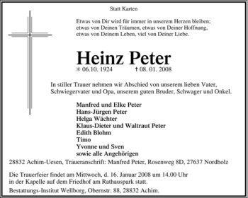 Traueranzeige von Heinz Peter von KREISZEITUNG SYKE