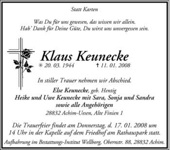 Traueranzeige von Klaus Keunecke von KREISZEITUNG SYKE