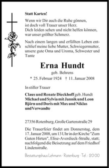 Traueranzeige von Erna Hundt von KREISZEITUNG SYKE