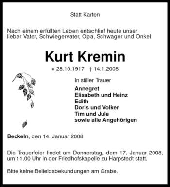 Traueranzeige von Kurt Kremin von KREISZEITUNG SYKE