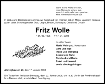 Traueranzeige von Fritz Wolle von KREISZEITUNG SYKE