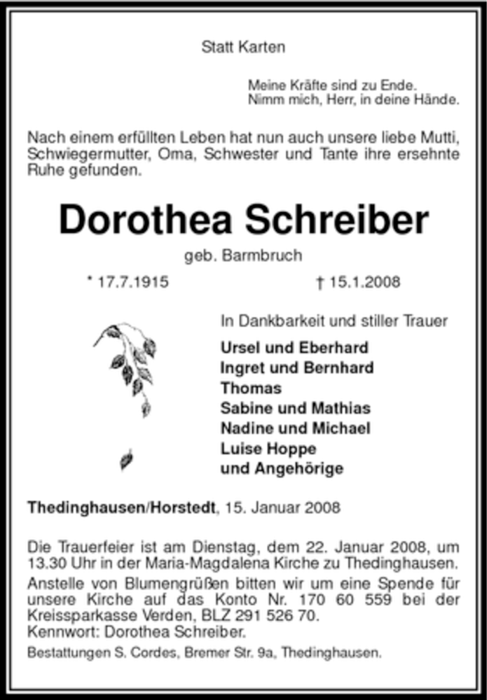 Traueranzeigen Von Dorothea Schreiber Trauerkreiszeitungde