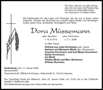 Traueranzeige von Dora Müssemann von KREISZEITUNG SYKE