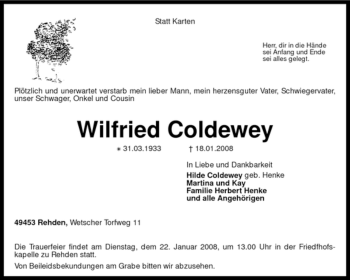 Traueranzeige von Wilfried Coldewey von KREISZEITUNG SYKE