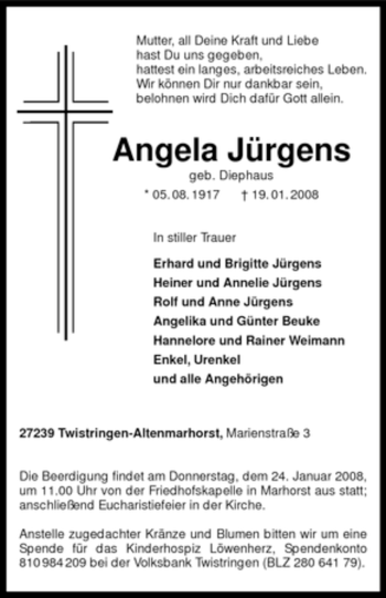 Traueranzeige von Angela Jürgens von KREISZEITUNG SYKE