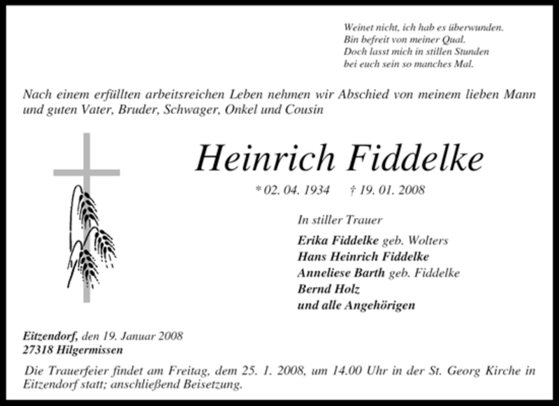  Traueranzeige für Heinrich Fiddelke vom 21.01.2008 aus KREISZEITUNG SYKE