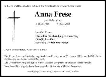 Traueranzeige von Anna Frese von KREISZEITUNG SYKE