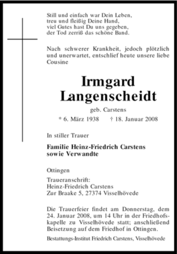 Traueranzeige von Irmgard Langenscheidt von KREISZEITUNG SYKE