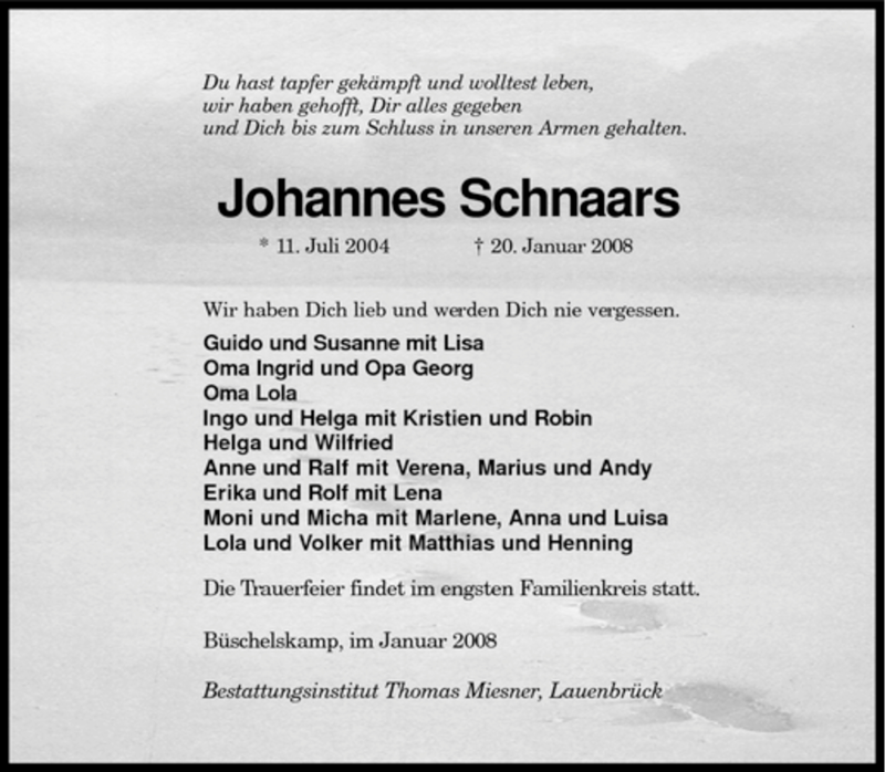  Traueranzeige für Johannes Schnaars vom 23.01.2008 aus KREISZEITUNG SYKE