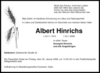 Traueranzeige von Albert Hinrichs von KREISZEITUNG SYKE