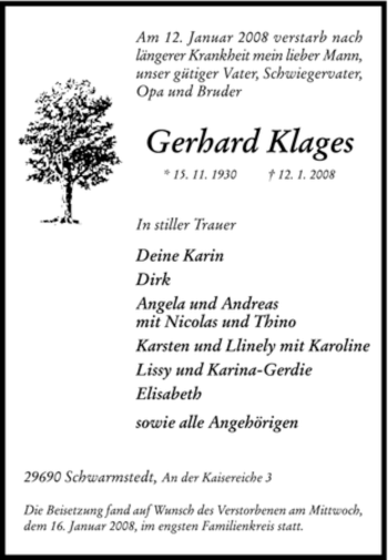 Traueranzeige von Gerhard Klages von KREISZEITUNG SYKE