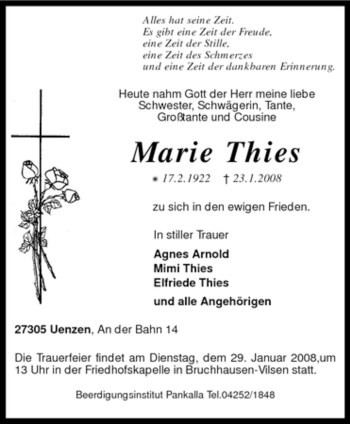 Traueranzeige von Marie Thies von KREISZEITUNG SYKE