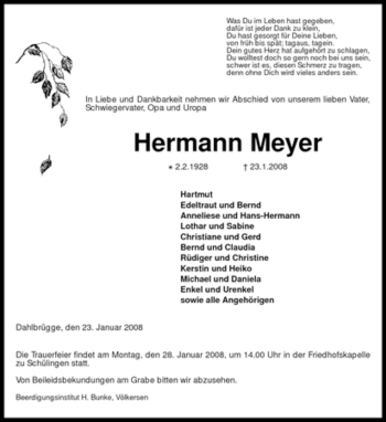 Traueranzeige von Hermann Meyer von KREISZEITUNG SYKE