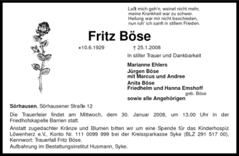 Traueranzeige von Fritz Böse von KREISZEITUNG SYKE