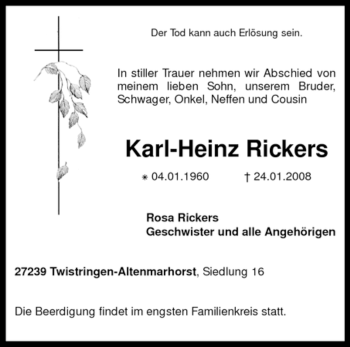 Traueranzeige von Karl-Heinz Rickers von KREISZEITUNG SYKE