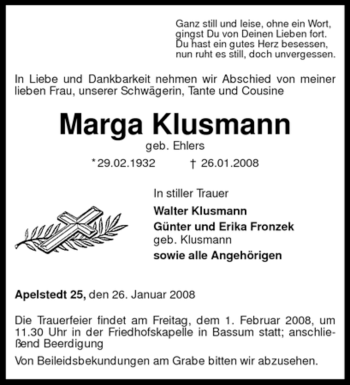 Traueranzeige von Marga Klusmann von KREISZEITUNG SYKE