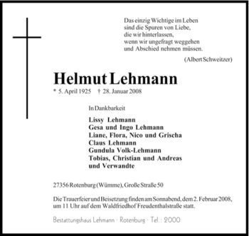 Traueranzeige von Helmut Lehmann von KREISZEITUNG SYKE