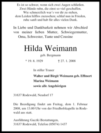 Traueranzeige von Hilda Weimann von KREISZEITUNG SYKE