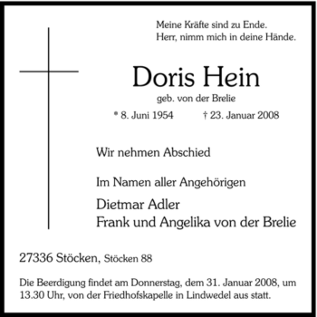 Traueranzeige von Doris Hein von KREISZEITUNG SYKE