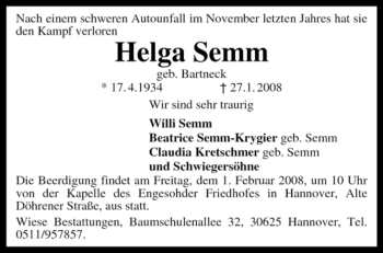 Traueranzeige von Helga Semm von KREISZEITUNG SYKE