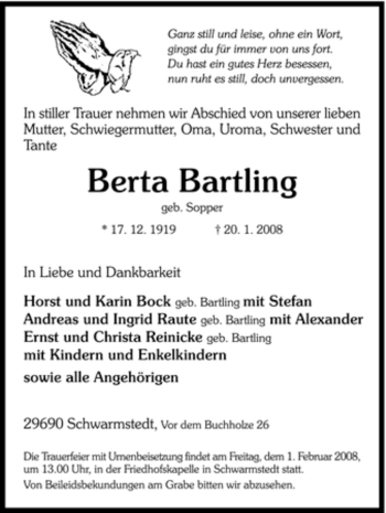 Traueranzeige von Berta Bartling von KREISZEITUNG SYKE