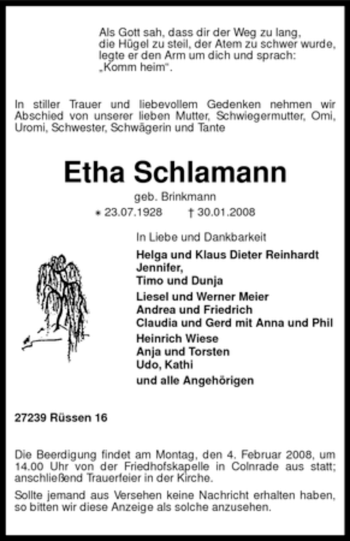 Traueranzeige von Etha Schlamann von KREISZEITUNG SYKE